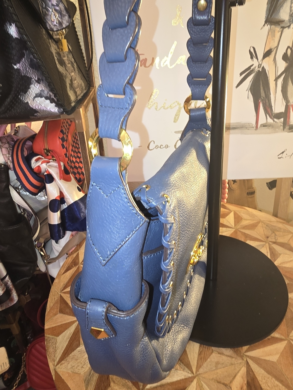 Cobalt Blue Leather Crossbody Bag with Gold Hardware By OrYany - Picture 4 of 12
